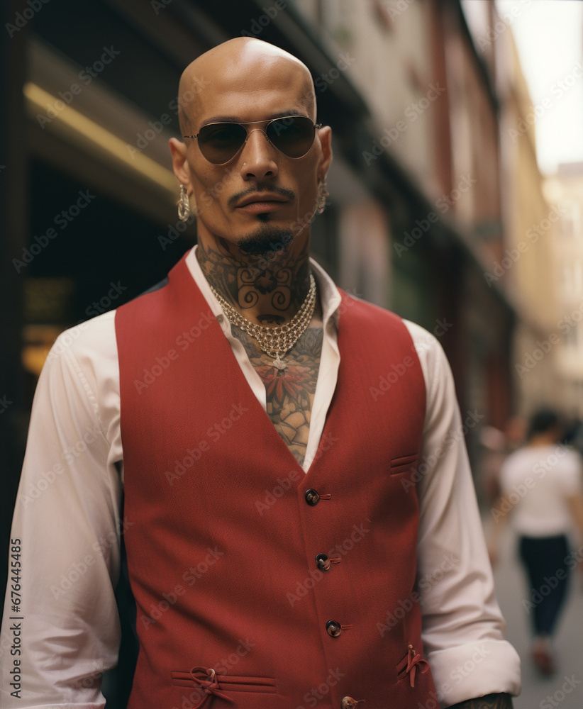 Generative ai muscular hispanic man with tattoo posing outdoors city streets Generative ai muscular hispanic man with tattoo posing outdoors city streets