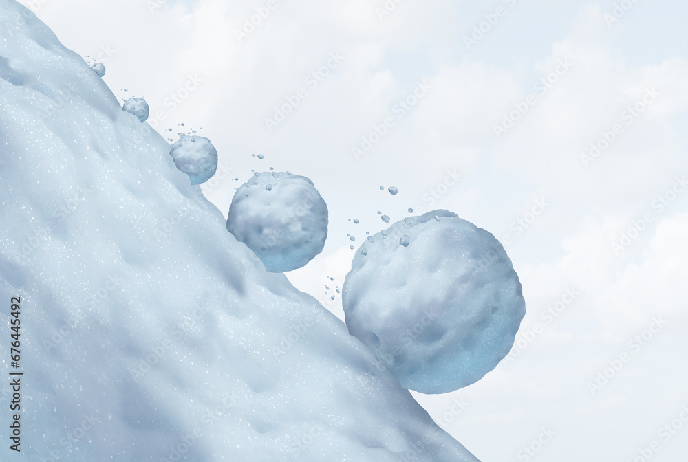 Snowball Effect Metaphor as a business concept of corporate or financial accumulation as a gradual exponential growth and expansion symbol as a small snowball becoming huge with time as a strategic sc - obrazy, fototapety, plakaty 