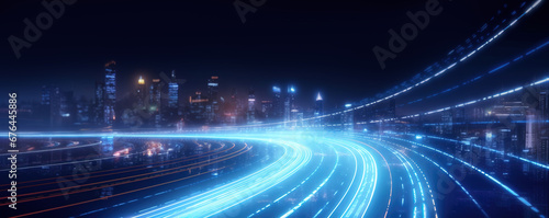 Abstract road with blue light trails , data transfer speed and digitization concept photo