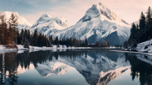 Wallpaper Mural Serene Lake Reflecting Towering Snowy Peaks at Dusk, Enhanced with Cool and Muted Tones to Convey a Calm and Mystical Atmosphere Torontodigital.ca