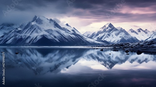 Serene Lake Reflecting Towering Snowy Peaks at Dusk, Enhanced with Cool and Muted Tones to Convey a Calm and Mystical Atmosphere