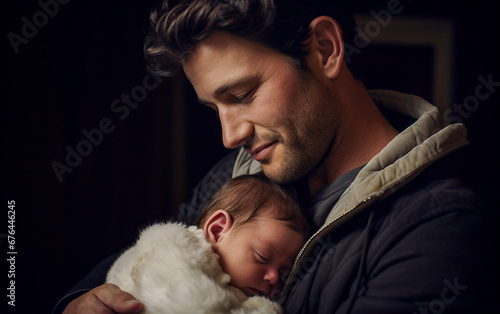 A smiling father holds her newborn son in her arms