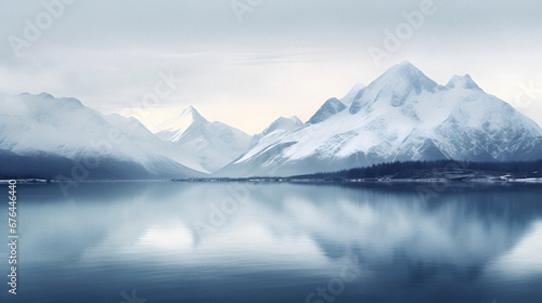 Serene Lake Reflecting Towering Snowy Peaks at Dusk, Enhanced with Cool and Muted Tones to Convey a Calm and Mystical Atmosphere