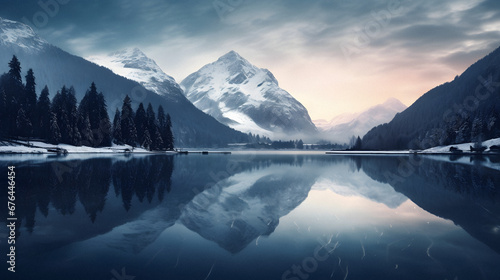 Serene Lake Reflecting Towering Snowy Peaks at Dusk, Enhanced with Cool and Muted Tones to Convey a Calm and Mystical Atmosphere © Aaron Wheeler