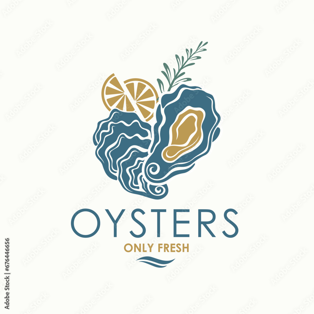 label of fresh oyster shell and lemon isolated on light background - obrazy, fototapety, plakaty 