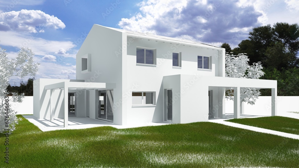 Modellazione 3D  di un edificio residenziale tutto bianco con erba e cielo colorato - obrazy, fototapety, plakaty 