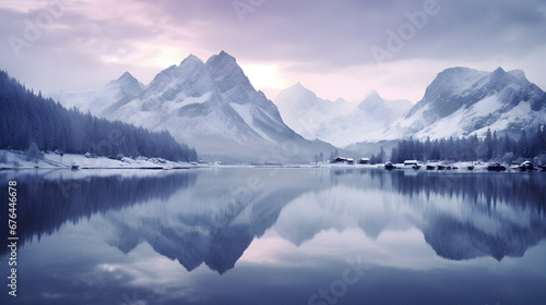 Serene Lake Reflecting Towering Snowy Peaks at Dusk, Enhanced with Cool and Muted Tones to Convey a Calm and Mystical Atmosphere