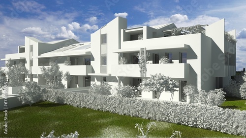 Modellazione 3D di un edificio residenziale tutto bianco con erba e cielo colorato