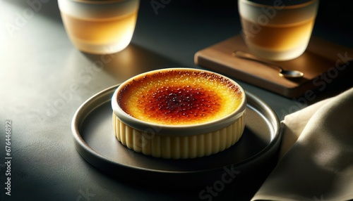 Elegant Crème Brûlée presentation, featuring a smooth custard base with a perfectly caramelized sugar top, in a sophisticated setting.
 photo