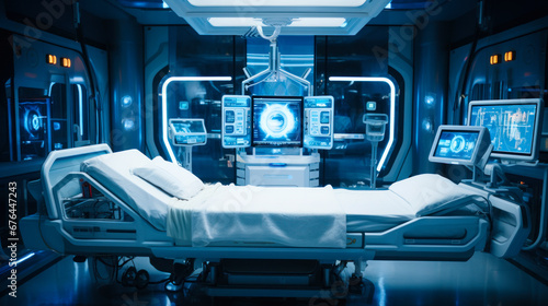 Concept of a Futuristic hospital bed with artificial intelligence that shows all the patient's readings on holographic screens