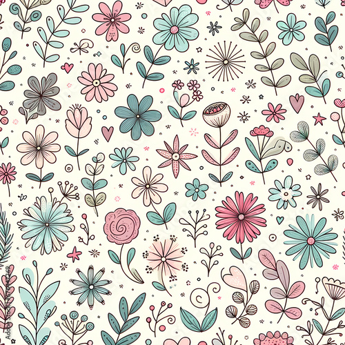 A seamless pattern of cute floral doodles. The design includes a variety of small, hand-drawn flowers with delicate petals and leaves, interspersed