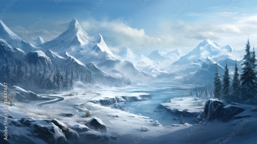 Fototapeta premium Winter landscape with stunning views that hides its secret secrets and stories game art