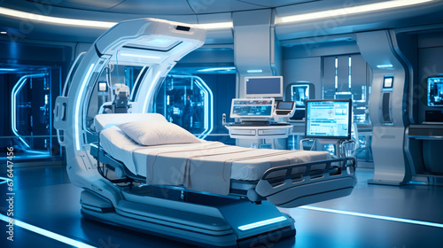 Concept of a Futuristic hospital bed with artificial intelligence that shows all the patient's readings on holographic screens
