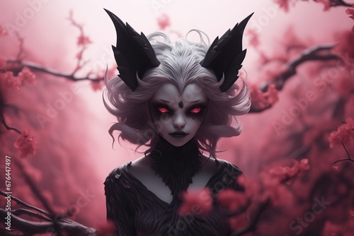 Dark forest female elf guardian silently watching and observing your every step, fantasy forest of eternal spring pink blossoms, mythical creature of fables and legends, glowing eyes.