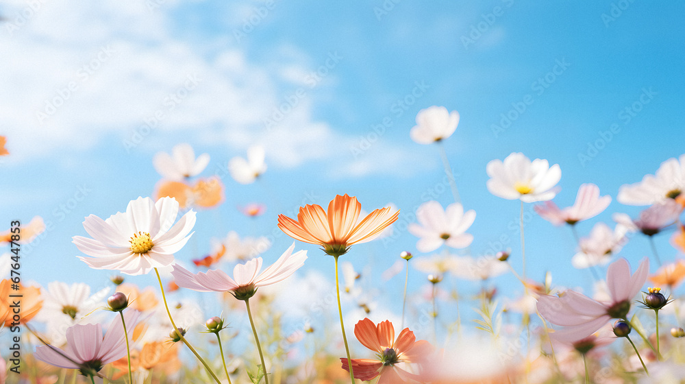 Vibrant Flower Field Under a Clear Blue Sky, Captured with a Macro Lens to Emphasize the Intricate Petals, Enhanced with Warm and Soft Tones for a Delicate and Dreamy Vibe