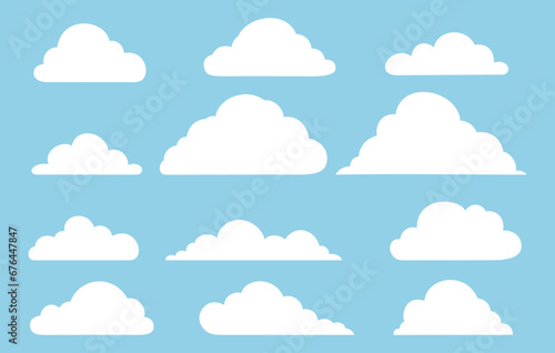 Set of clouds icons in the sky. Collection of various cloud shapes silhouette on blue background. Vector illustration