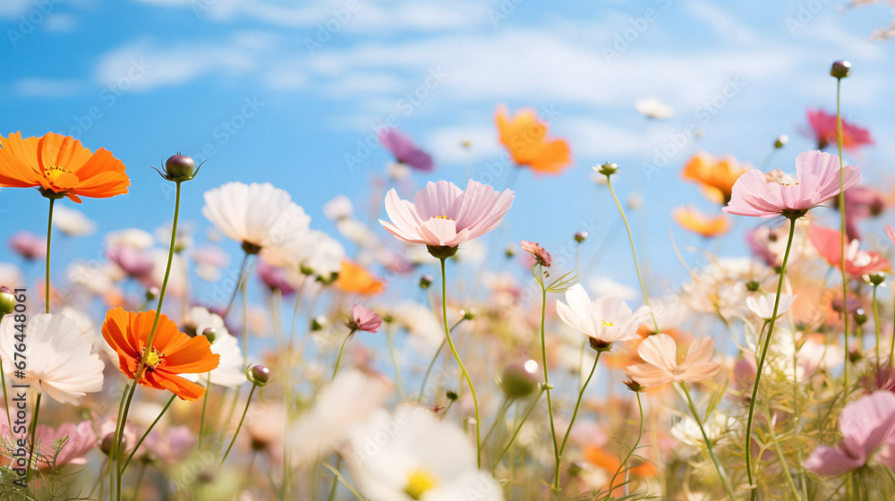 Vibrant Flower Field Under a Clear Blue Sky, Captured with a Macro Lens to Emphasize the Intricate Petals, Enhanced with Warm and Soft Tones for a Delicate and Dreamy Vibe