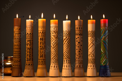 A freshly varnished wooden Kwanzaa kinara on a neutral background, photo