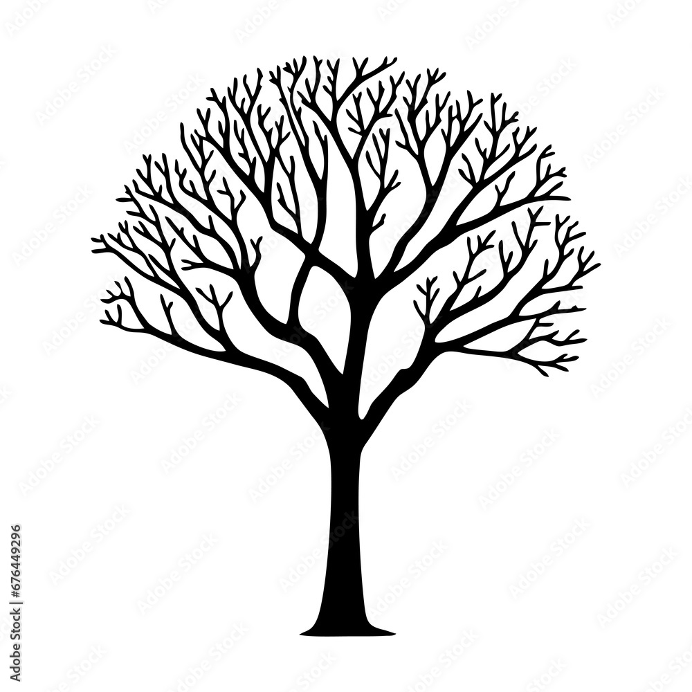 Fototapeta premium Tree without leaves black silhouette. Black branch tree or naked tree. Forest and garden symbol. Dried tree vector illustration
