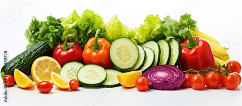 A colorful still life of fresh vegetables vibrant fruits and refreshing lemon slices on a white background showcases the health benefits of a nutritious diet packed with vitamins and essent