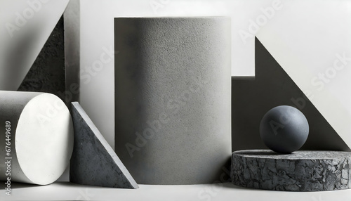 minimalist black and grey background, featuring a captivating arrangement of abstract geometric shapes—triangles, squares, rectangles, and 3D cylinder models.