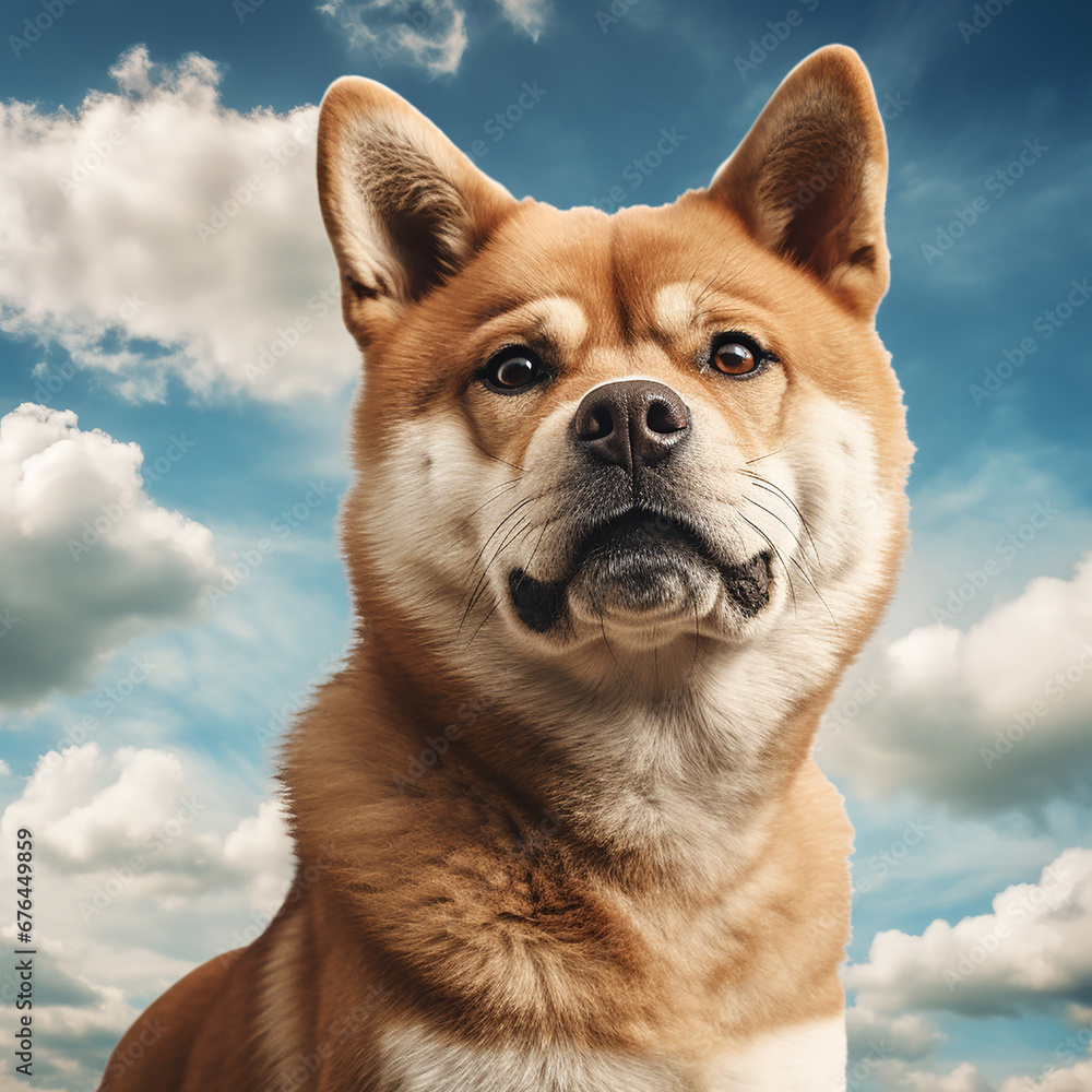 ai generated illustration of Akita inu brown dog closeup portrait on cloudy sky
