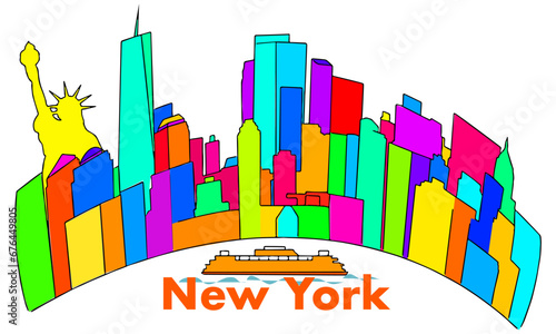 Colorful, abstract New York City Skyline with Statue of Liberty and ferry 