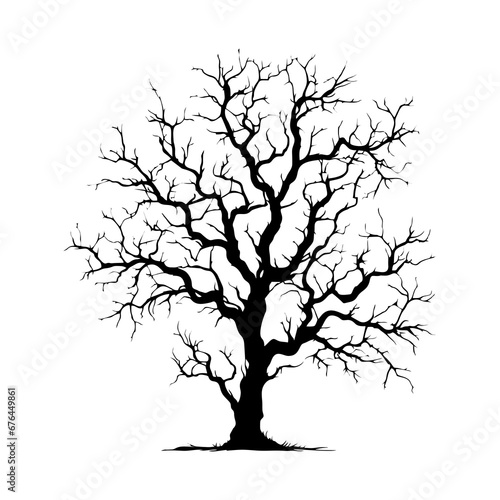 Tree without leaves black silhouette. Black branch tree or naked tree. Forest and garden symbol. Dried tree vector illustration