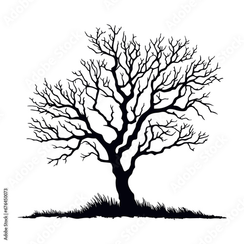 Tree without leaves black silhouette. Black branch tree or naked tree. Forest and garden symbol. Dried tree vector illustration
