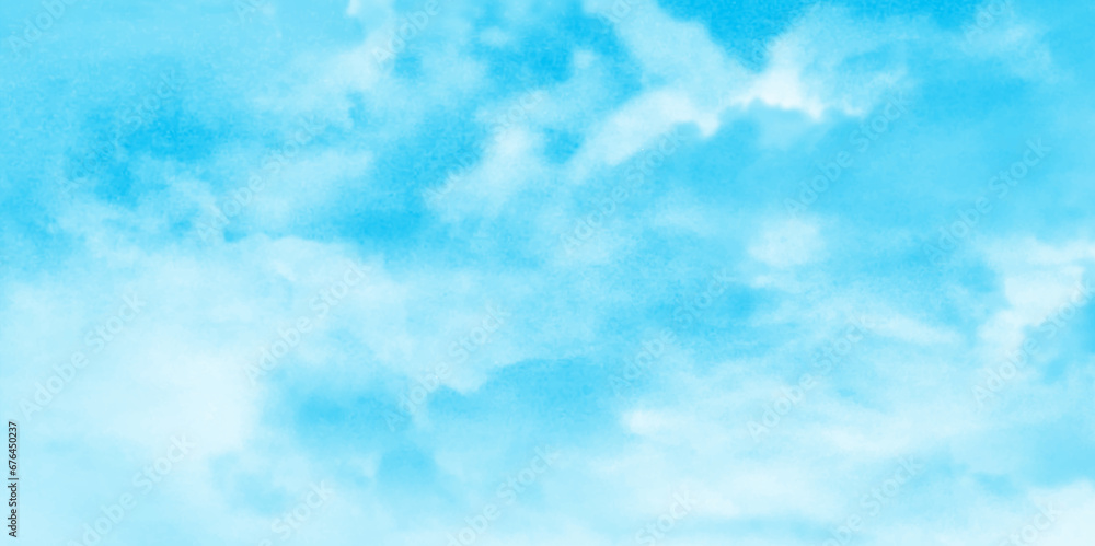 Obraz premium soft and lovely sky blue watercolor background with clouds, Sky clouds with brush painted blue watercolor texture, small and large clouds alternating and moving slowly on cloudy winter morning sky.