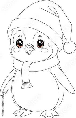 Coloring page a penguin wearing Santa hats and scarves.	