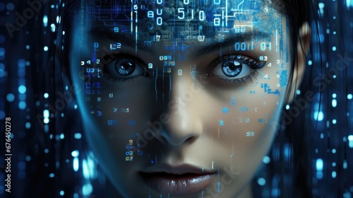 Cyberhumanoid girl robot with blue eyes and binary code represents AI, artificial intelligence and future technology.