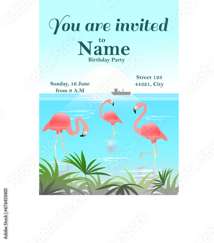 Vector flamingo birthday invitation