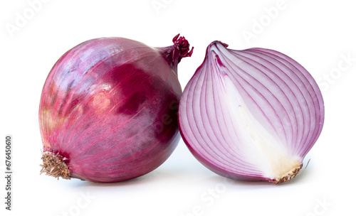 Fresh red onion bulb with half isolated on white background with clipping path and shadow in png file format