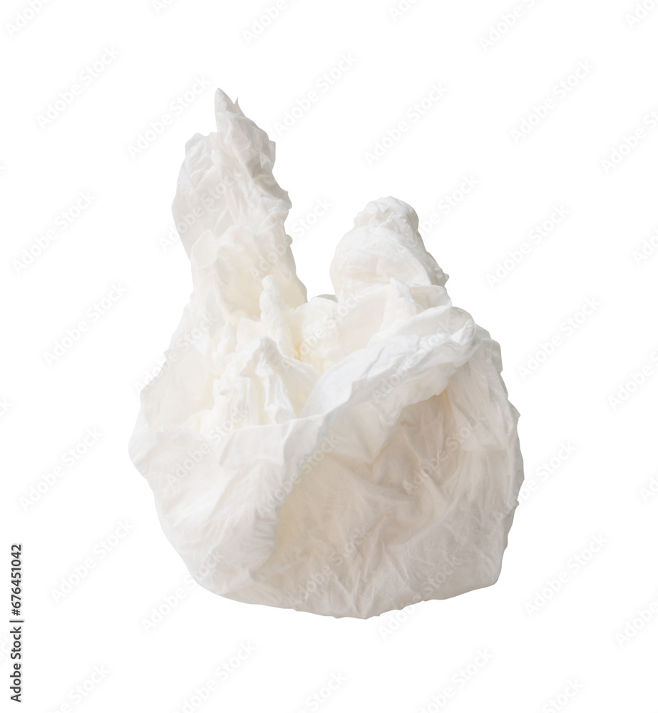 Single screwed or crumpled tissue paper or napkin in strange shape after use in toilet or restroom isolated on white background with clipping path in png file format Single screwed or crumpled tissue paper or napkin in strange shape after use in toilet or restroom isolated on white background with clipping path in png file format