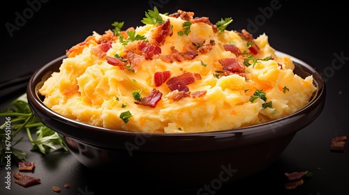  a dish of mashed potatoes with bacon and parsley in a brown bowl on a black surface with a sprig of parsley. generative ai