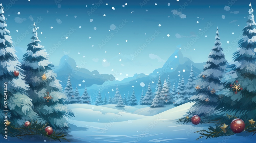 Christmas background with trees, snow and balls