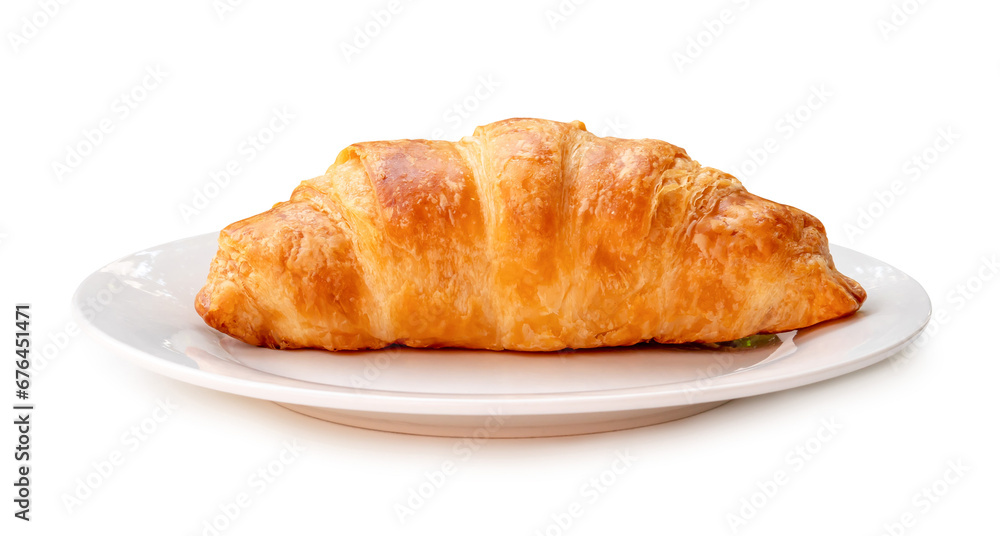Side view of croissant on white plate isolated on white background with clipping path Side view of croissant on white plate isolated on white background with clipping path