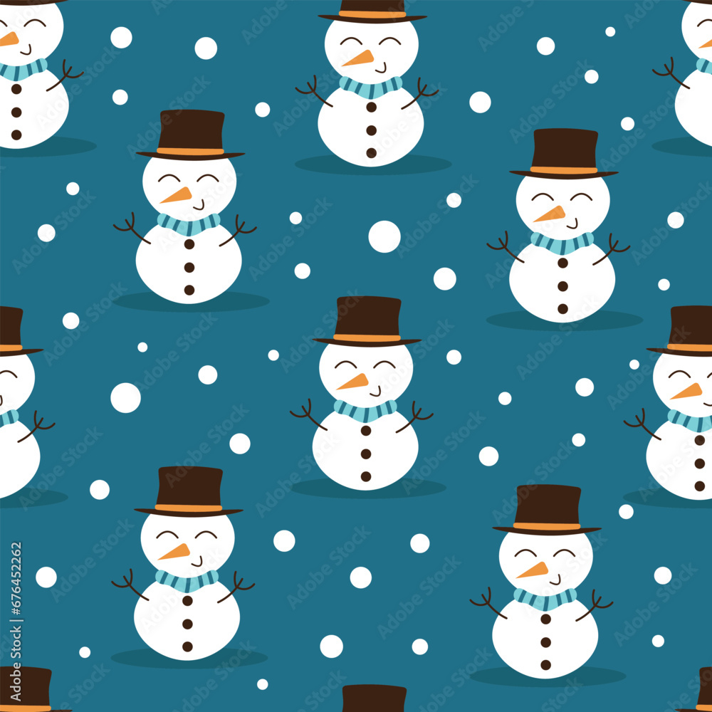 
Christmas pattern with cute snowman and snowflakes in cartoon style. New Year seamless vector pattern in flat style