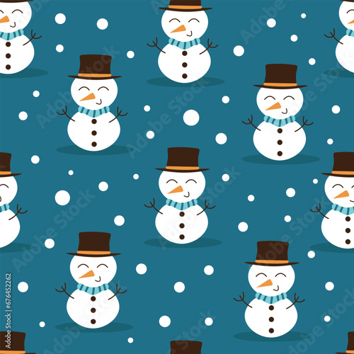  Christmas pattern with cute snowman and snowflakes in cartoon style. New Year seamless vector pattern in flat style © Irina Ivanuk