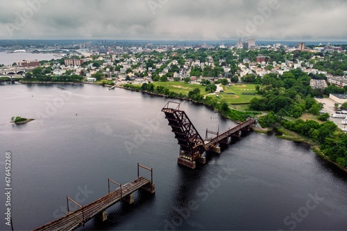 Aerial view of the famous Crook Point Bascule Bridge, a defunct Scherzer rolling lift railway bridge photo