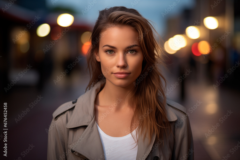 portrait of an Australian lady outside taking a walk down the street portrait of an Australian lady outside taking a walk down the street