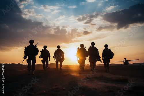 Backlit figures of a military squad and aircraft at dusk symbolize unity and preparedness in a mission setting.