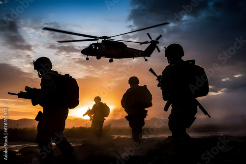 Silhouettes of armed soldiers with a helicopter overhead at dusk, depicting military operations and wartime mobilization. 