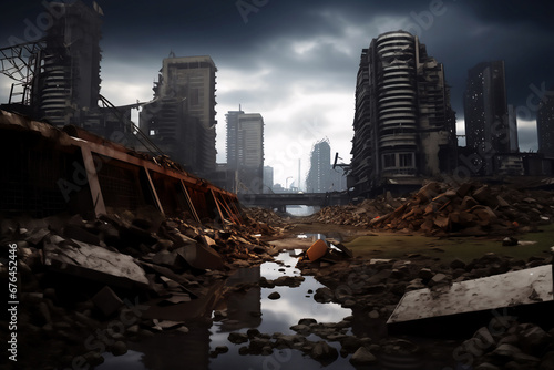 War-torn, post-apocalyptic cityscape with dilapidated buildings and desolate atmosphere under ominous skies. © InputUX