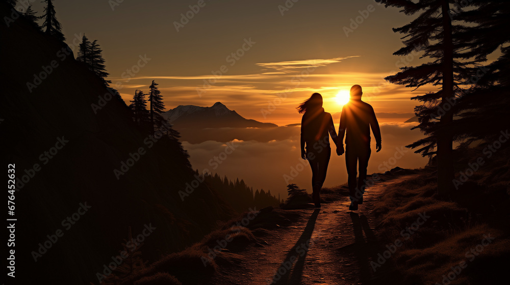 silhouette of a couple walking in the mountains at sunrise landscape