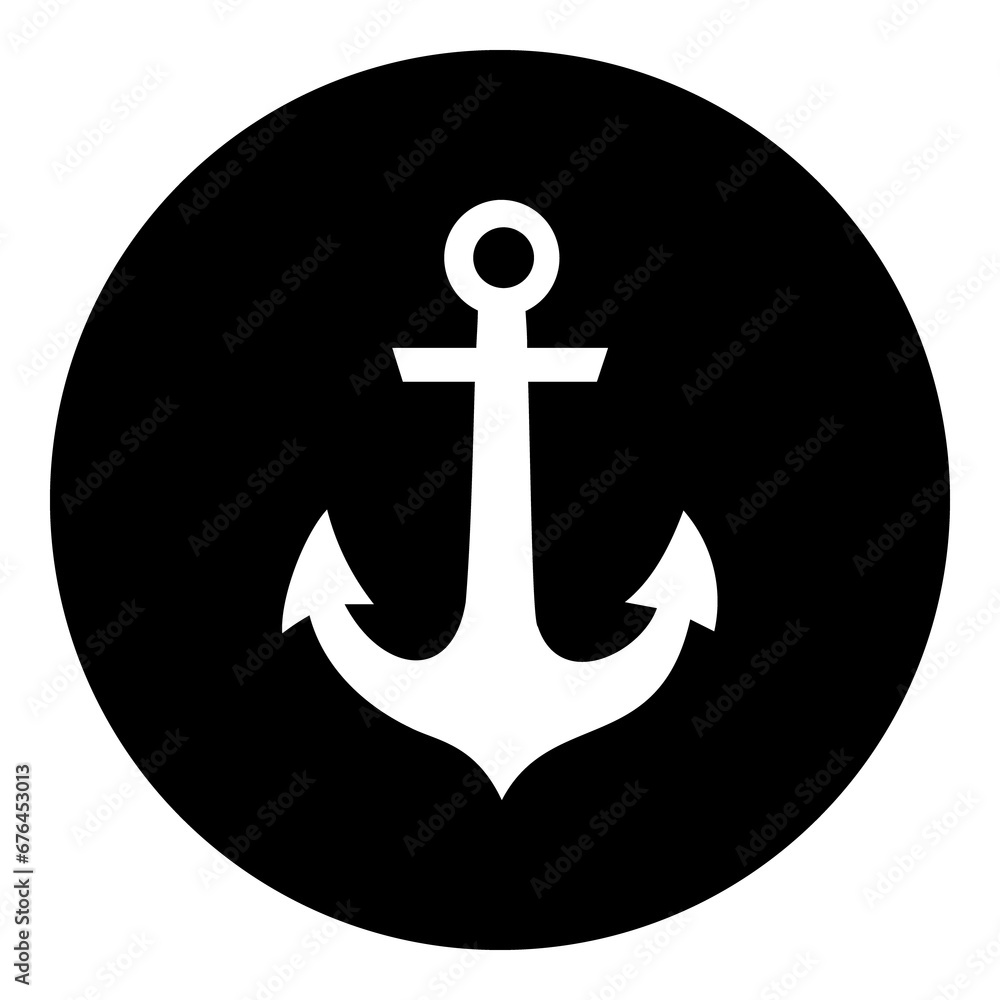 A sea anchor symbol in the center. Isolated white symbol in black circle. Illustration on transparent background A sea anchor symbol in the center. Isolated white symbol in black circle. Illustration on transparent background