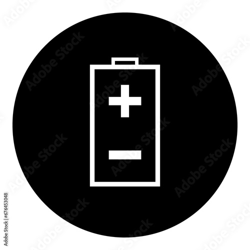 A battery symbol in the center. Isolated white symbol in black circle. Illustration on transparent background