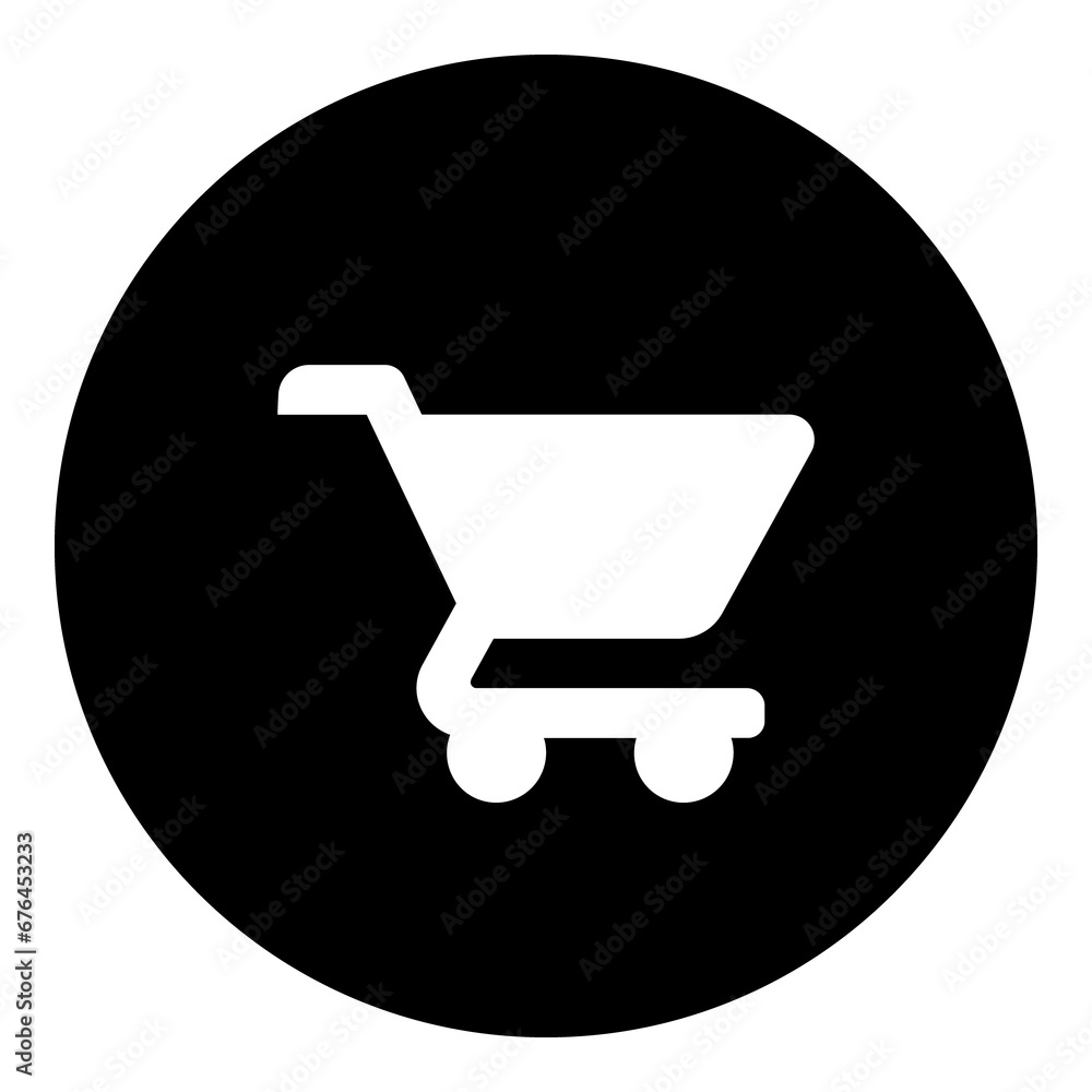 A shopping cart symbol in the center. Isolated white symbol in black circle. Illustration on transparent background A shopping cart symbol in the center. Isolated white symbol in black circle. Illustration on transparent background