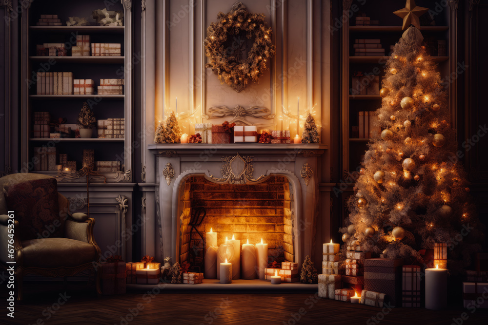 Beautifully decorated living room for Christmas with a Christmas tree , warm candles and Christmas gifts.
